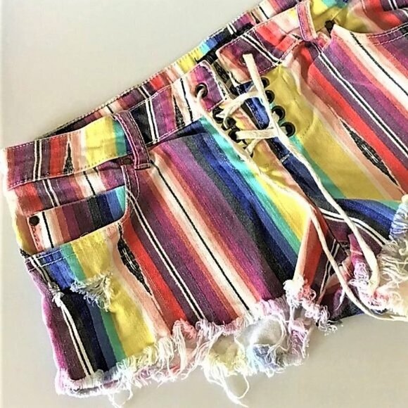 BILLABONG RAINBOW STRIPE LACE UP RAW HEM CUT OFF JEAN SHORTS - Picture 6 of 12